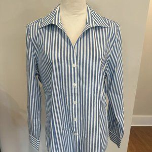 Foxcroft Long Sleeve Button Up Top - Blue & White Striped - Size XL